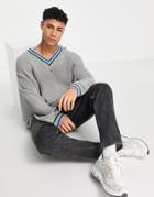 Asos Design Fisherman Ribbed Cricket Sweater In Gray-black