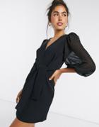 Asos Design Wrap Front Mini Dress With Textured Puff Sleeves In Black