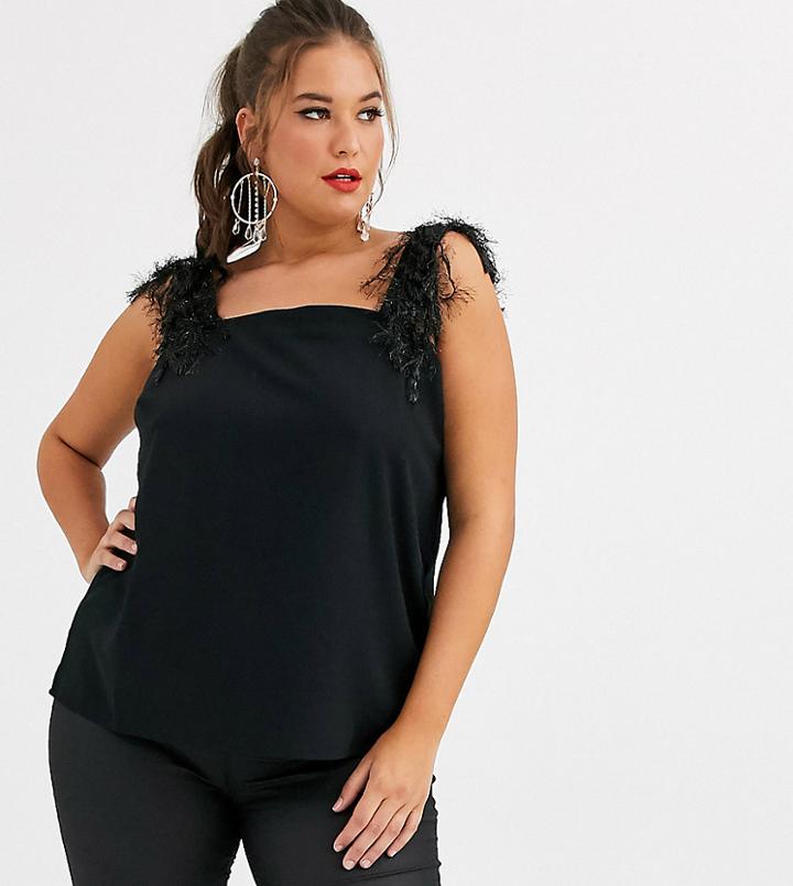 Asos Design Curve Square Neck Cami With Feather Straps-black