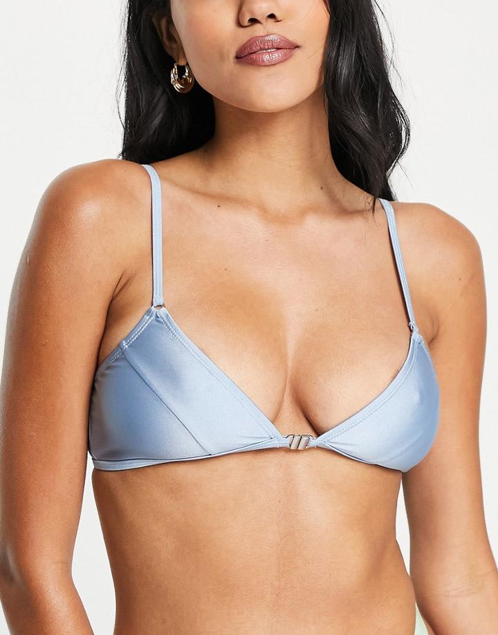 Topshop Clasp Front Triangle Bikini Top In Blue
