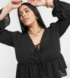 Urban Bliss Plus Tie Front Ruched Sleeve Blouse In Black