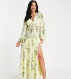 Asos Design Petite Button Through Pintuck Maxi Dress In Yellow Floral Print-multi