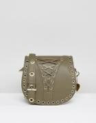 Marc B Saddle Bag With Rivet Detail In Khaki - Green