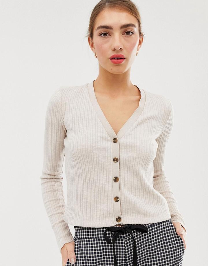 Stradivarius Button Front Ribbed Top In Beige - Green