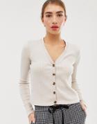 Stradivarius Button Front Ribbed Top In Beige - Green