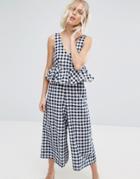 Lost Ink Frill Jumpsuit In Gingham - Blue
