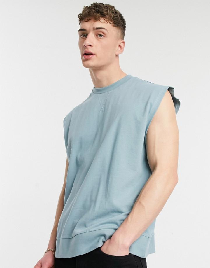 Asos Design Oversized Tank With Chunky Rib Hem In Blue Gray-grey