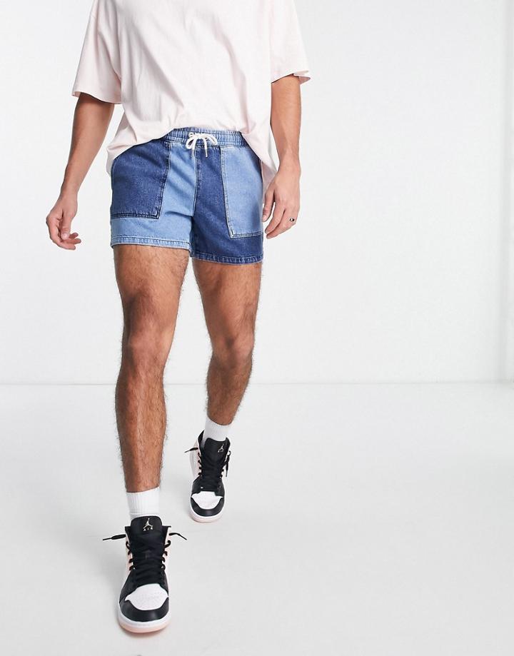 Asos Design Denim Short With Elasticated Waist In Shorter Length With Contrasted Panels-blue