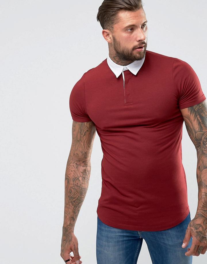 Asos Longline Muscle Rugby Polo Shirt In Red With Curved Hem - Red