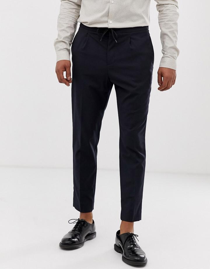 Moss London Cropped Slim Pants With Drawstring Waist In Navy