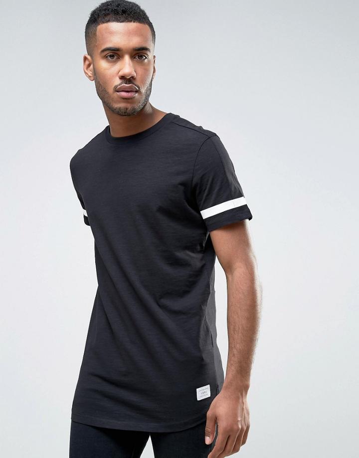 Jack & Jones Core Longline T-shirt With Arm Stripe Back Panel And Seem Tie - Black