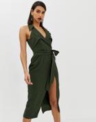 Asos Design Midi Belted Trench Dress In Soft Crepe - Green