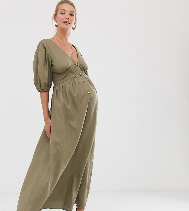 Asos Design Maternity Button Through Linen Maxi Dress With Cross Back-green