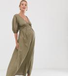 Asos Design Maternity Button Through Linen Maxi Dress With Cross Back-green