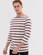 Asos Design Organic Cotton Relaxed Fit T-shirt With Burgundy Stripe And 3/4 Sleeve-white
