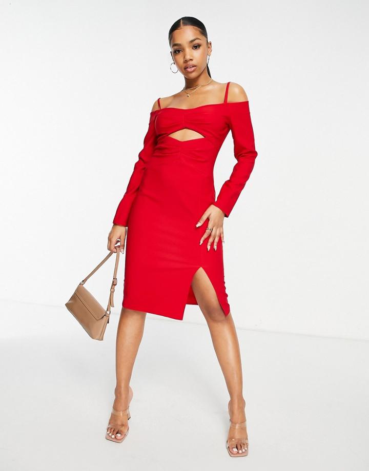 Trendyol Long Sleeve Open Shoulder Dress In Red
