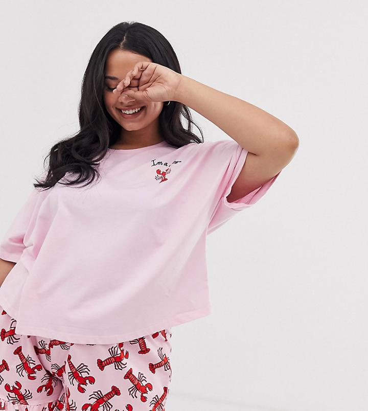 Asos Design Curve I'm A Catch Pyjama Short Set-pink