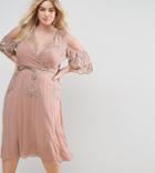 Frock And Frill Plus Premium Embellished Top Wrap Front Midi Dress With Cold Shoulder Detail - Beige