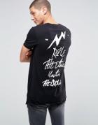 Asos Super Longline T-shirt With Back Print And Distressed Hem - Black
