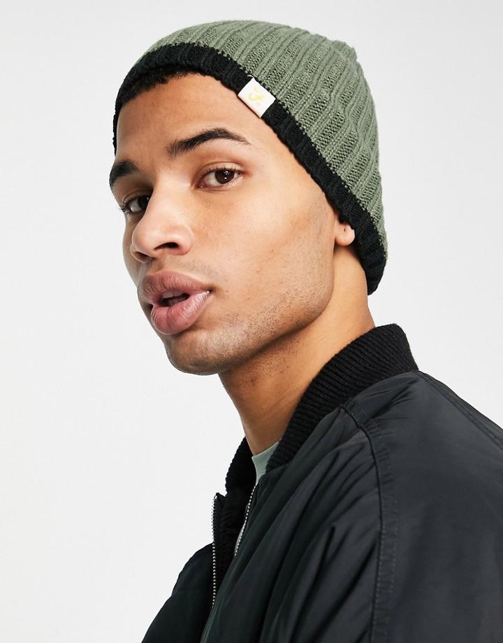 Farah Logo Ribbed Knit Beanie In Khaki-green