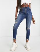 Abercrombie & Fitch Exposed Distressed Hem High Rise Jeans In Dark Destroy-blue