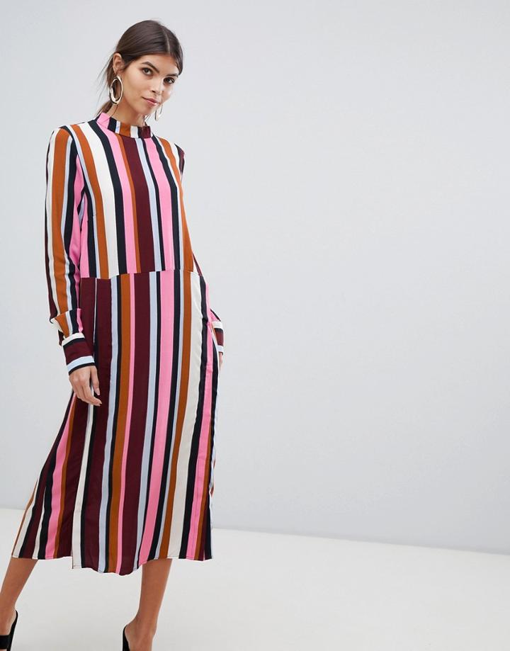 Y.a.s Striped High Neck Dress With Popper Detail - Multi