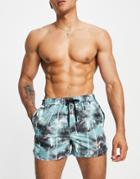 River Island Palm Print Tie Dye Swim Shorts In Black-multi
