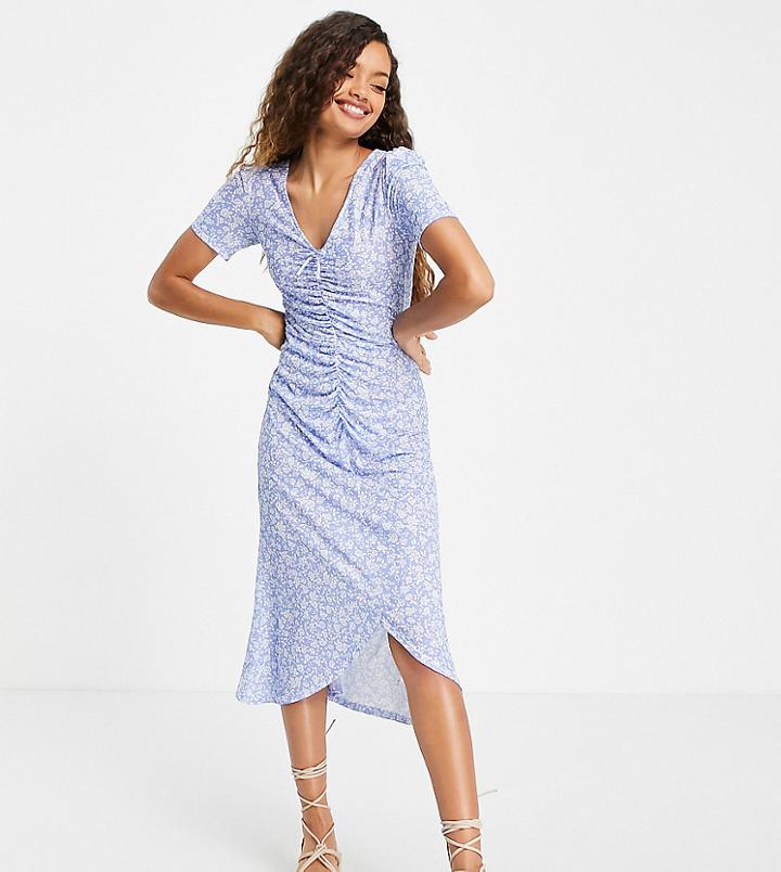 Miss Selfridge Petite Ruched Front Midi Dress In Blue Ditsy-blues