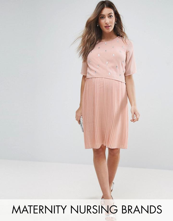 Mama. Licious Nursing Premium Double Layer Embellished Dress - Pink
