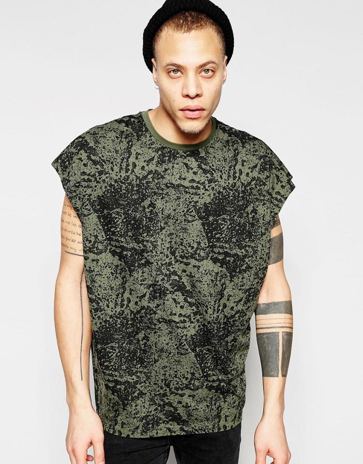 Asos Super Oversized T-shirt With Splash Print And Wide Neck Trim In Khaki - Green