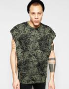 Asos Super Oversized T-shirt With Splash Print And Wide Neck Trim In Khaki - Green