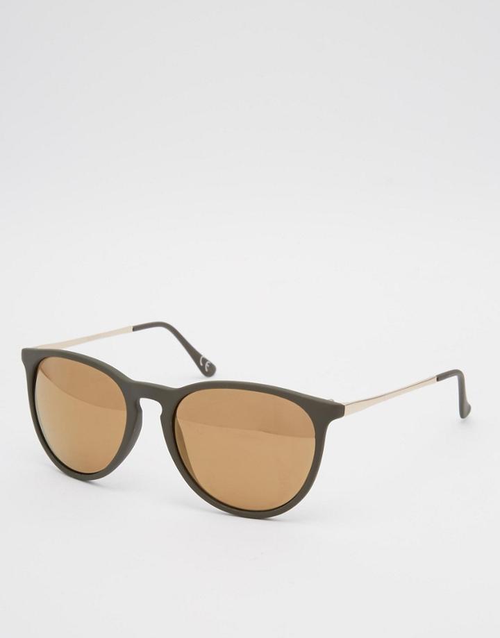 Asos Round Sunglasses With Metal Arms In Khaki - Khaki