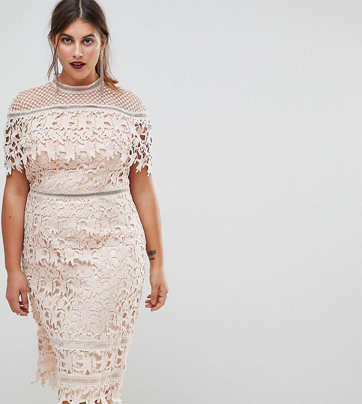 Chi Chi London Plus Lace High Neck Pencil Midi Dress - Pink