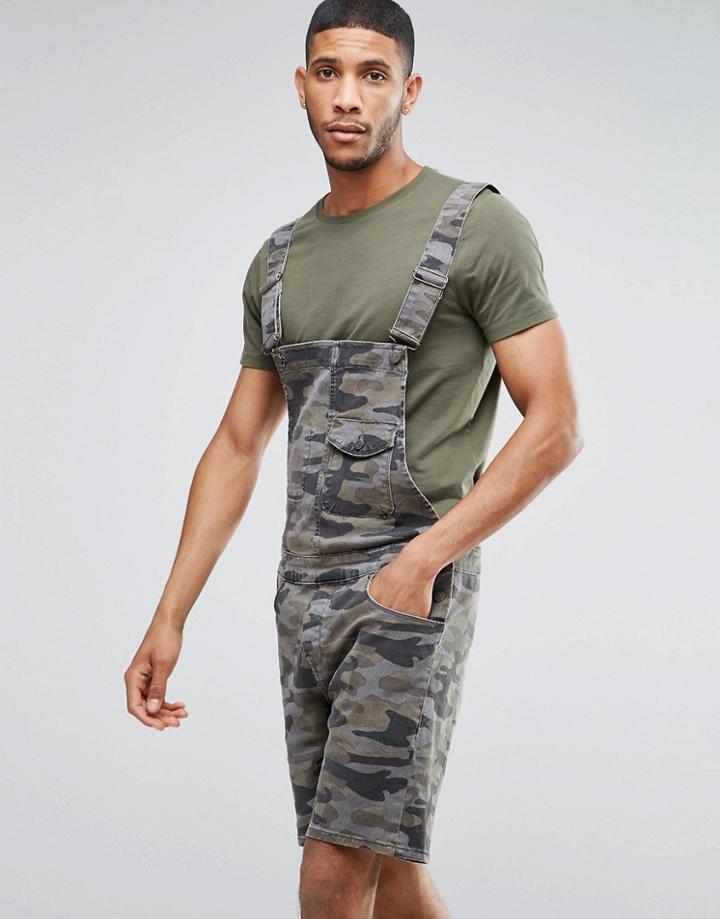 Asos Denim Short Dungarees In Camo - Green