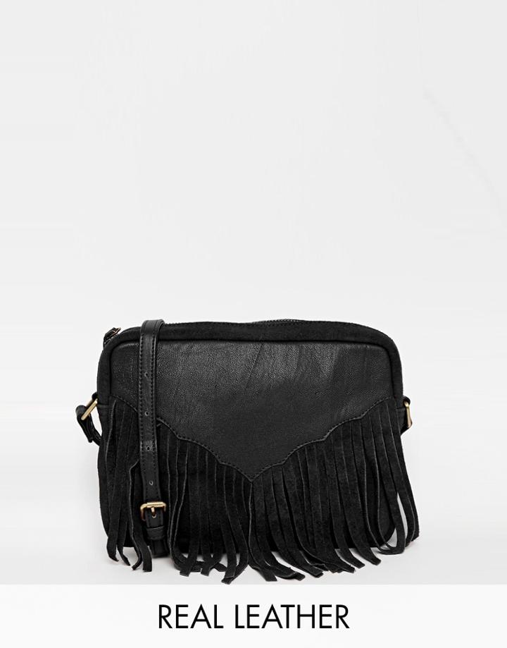 Asos Western Tassel Suede And Leather Cross Body Bag - Black