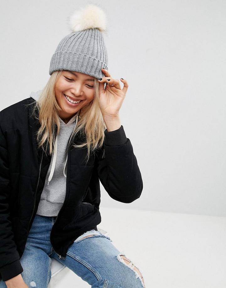 Asos Gray Rib Beanie With White Faux Fur Pom - Gray