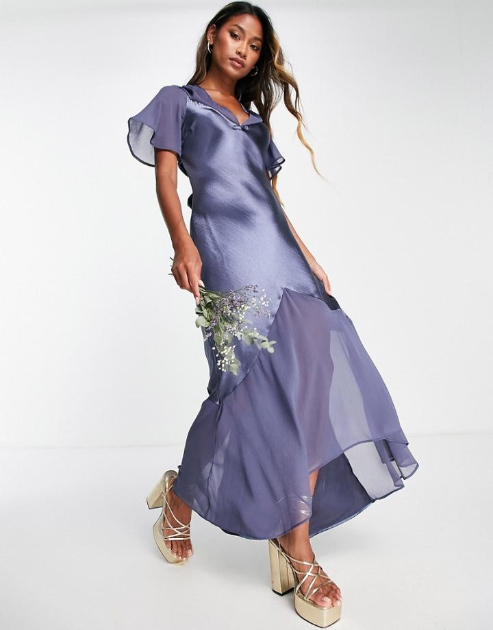Topshop Bridesmaid Mixed Fabric Angel Sleeve Dress In Navy