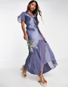 Topshop Bridesmaid Mixed Fabric Angel Sleeve Dress In Navy