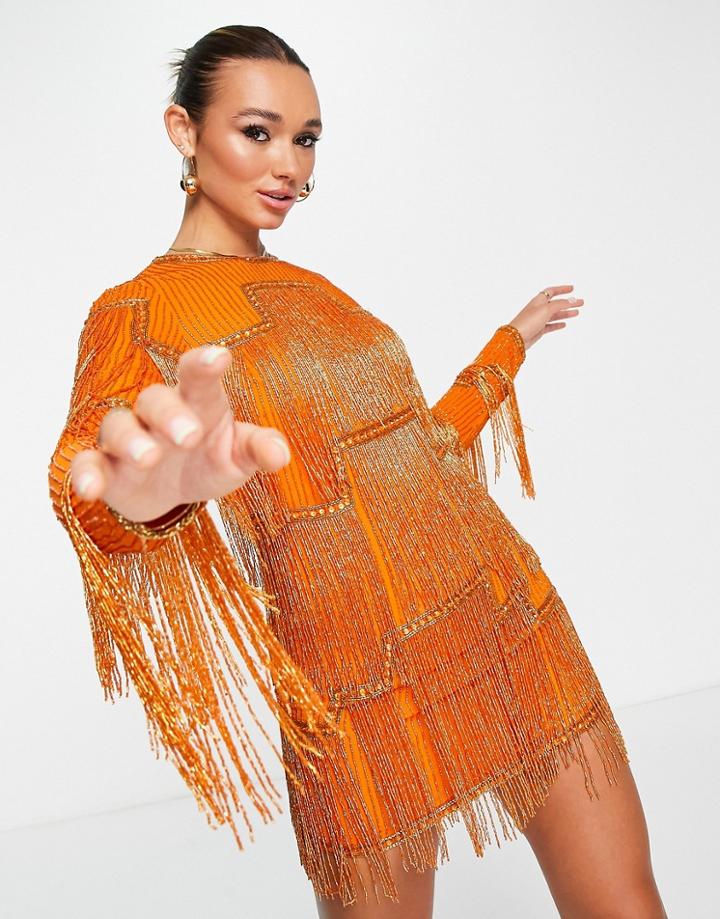 Asos Design Embellished Shift Mini Dress With Beaded Fringe In Orange-pink