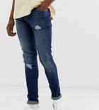 Asos Design Tall Recycled Super Skinny Distressed Jeans In Dark Wash Blue - Blue
