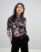 Ichi High Neck Floral Top - Red