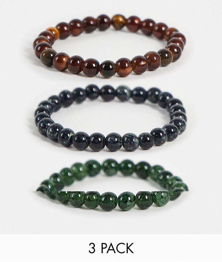 Asos Design Festival 3 Pack Beaded Bracelet In Brown And Green Tones