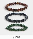Asos Design Festival 3 Pack Beaded Bracelet In Brown And Green Tones