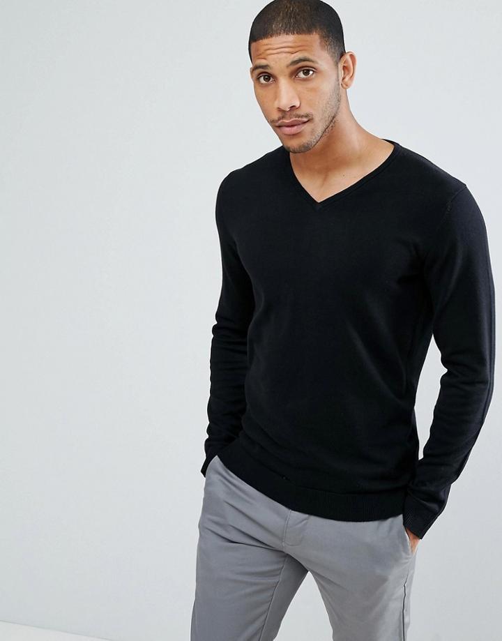 Selected Homme Identity V Neck Knit In Cotton Silk - Black