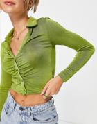 Stradivarius Slinky Shirt With Gathered Detail In Lime-green