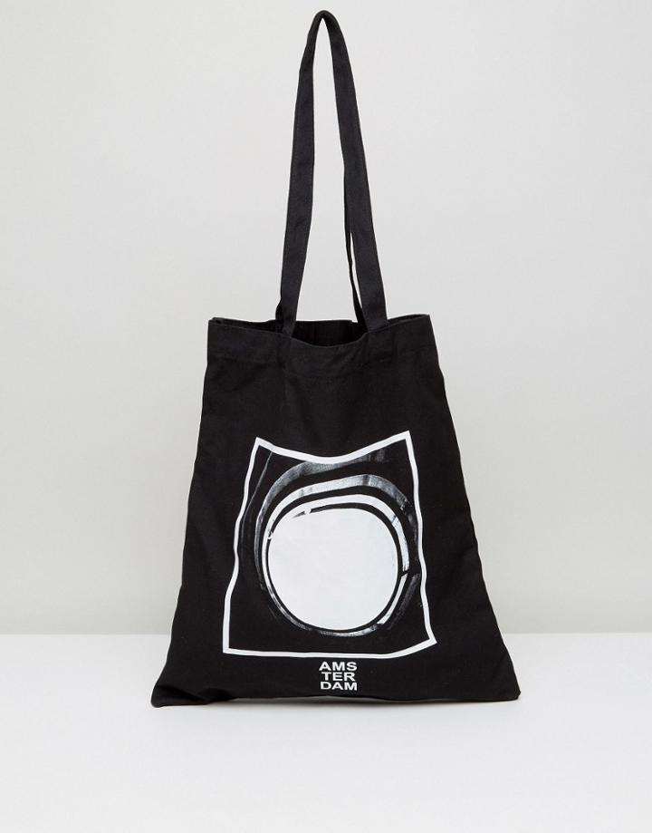 Asos Tote Bag In Black With Photographic Print - Cream