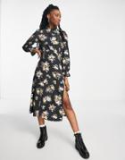 New Look Ruffle Neck Midi Dress In Black Ditsy Floral