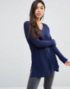 Asos Top With V Neck In Slouchy Rib - Navy