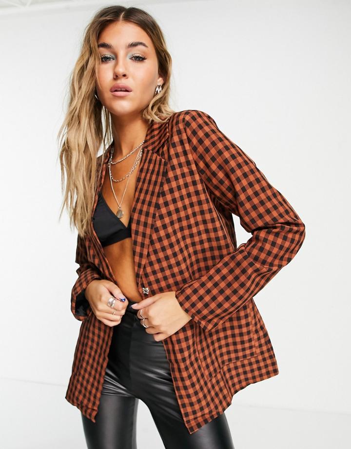 Heartbreak Tie Waist Blazer In Rust Check - Part Of A Set-orange