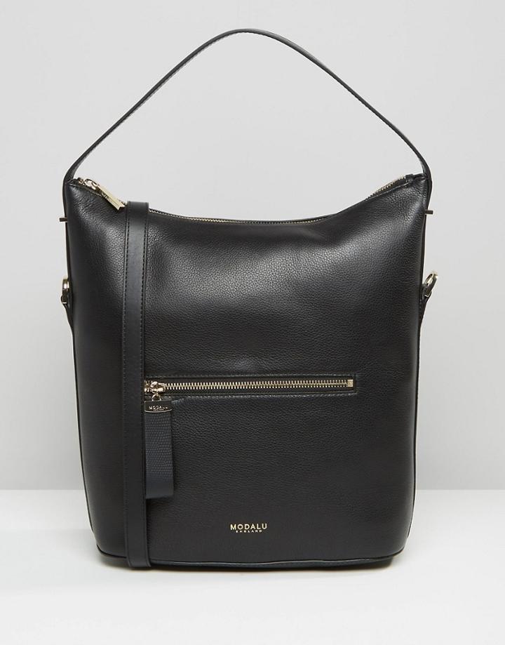 Modalu Leather Bucket Shoulder Bag In Faux Lizard Mix - Black